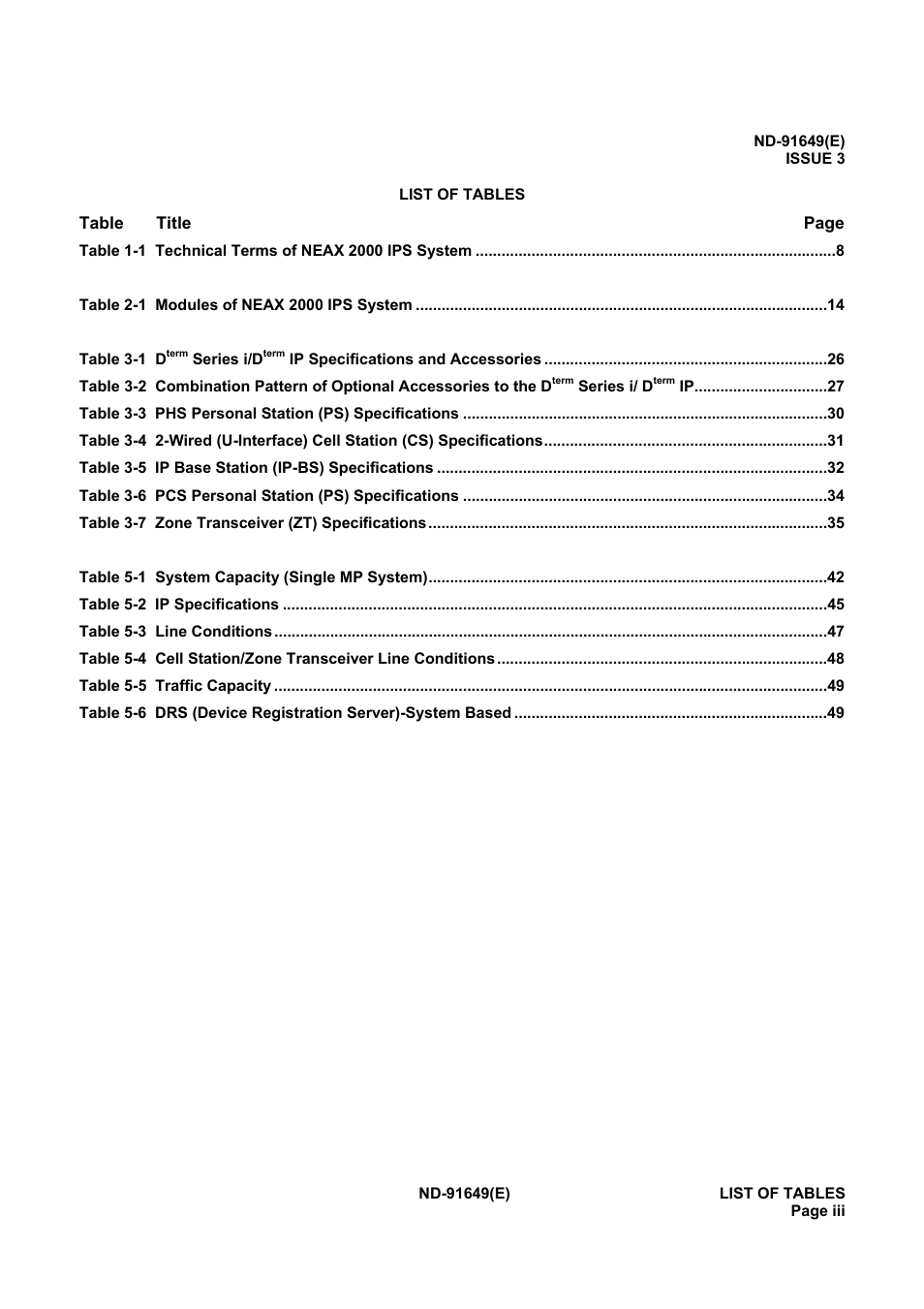 List of tables | NEC NEAX2000 ND-91649 User Manual | Page 7 / 58