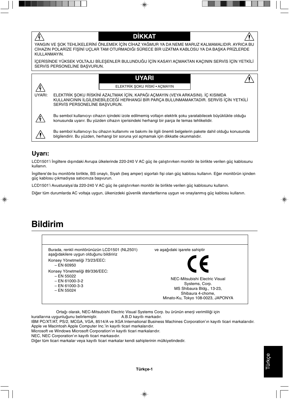 Bildirim, D∑kkat uyari, Uyar | Türkçe, Üreticinin bildirimi | NEC LCD1501 User Manual | Page 107 / 118