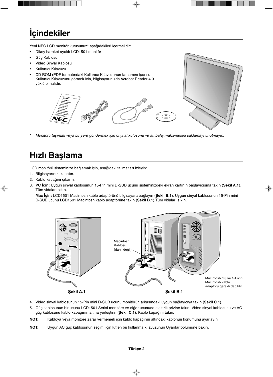 Çindekiler, H∂zl∂ baµlama | NEC LCD1501 User Manual | Page 108 / 118