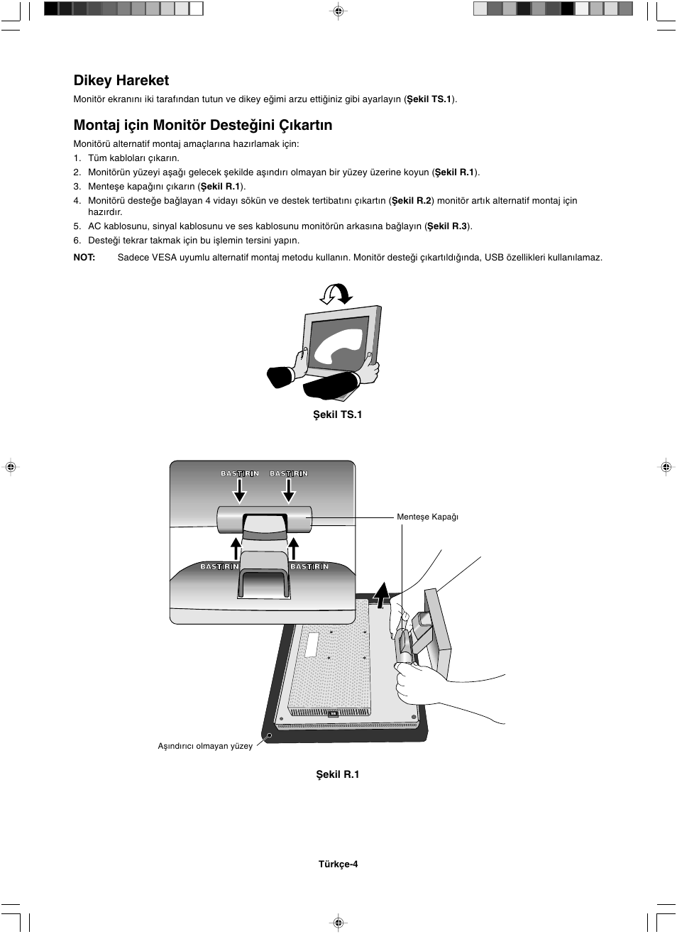 Dikey hareket, Montaj için monitör deste©ini ç∂kart∂n | NEC LCD1501 User Manual | Page 110 / 118