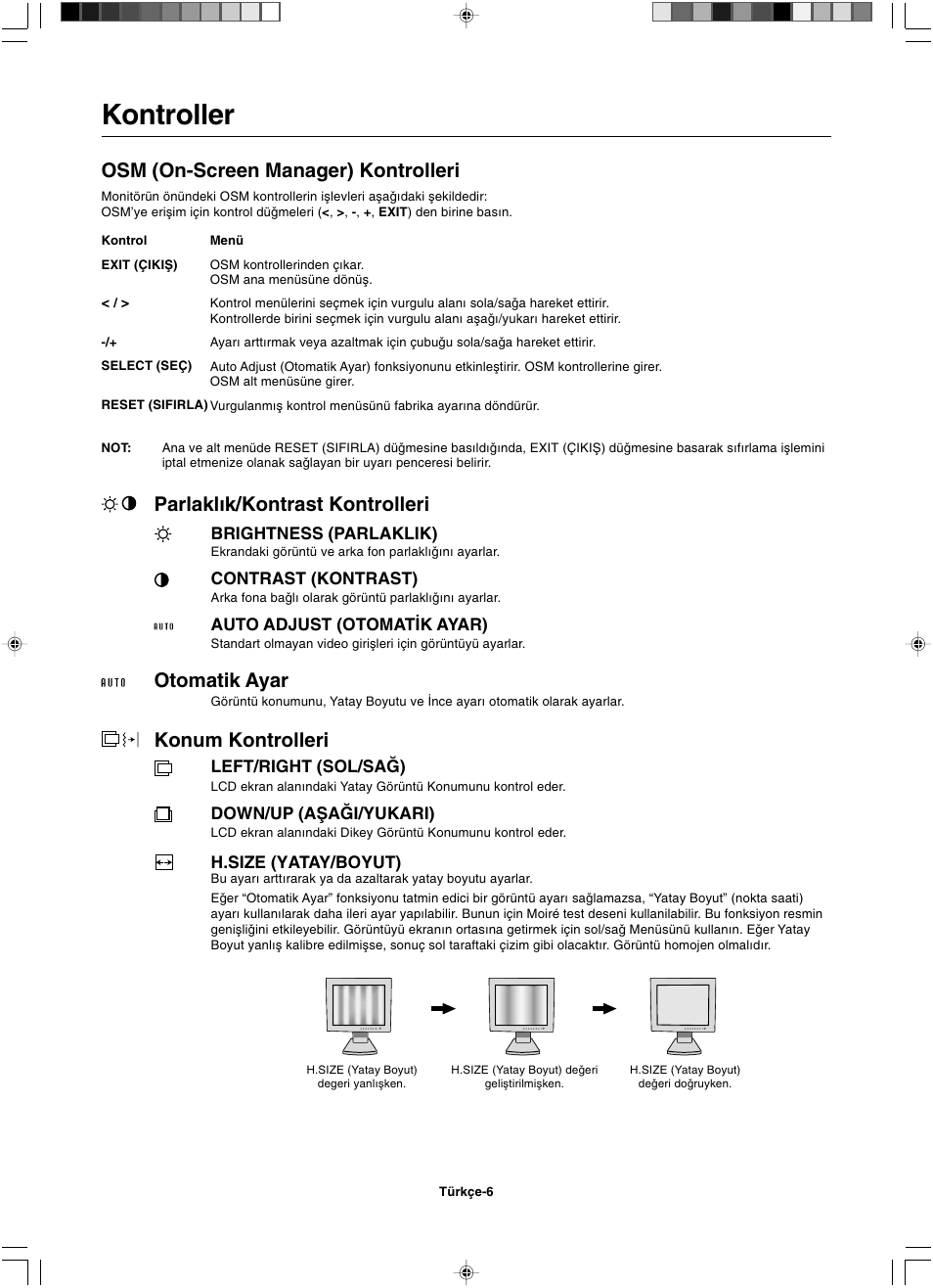 Kontroller, Osm (on-screen manager) kontrolleri, Parlakl∂k/kontrast kontrolleri | Otomatik ayar, Konum kontrolleri | NEC LCD1501 User Manual | Page 112 / 118