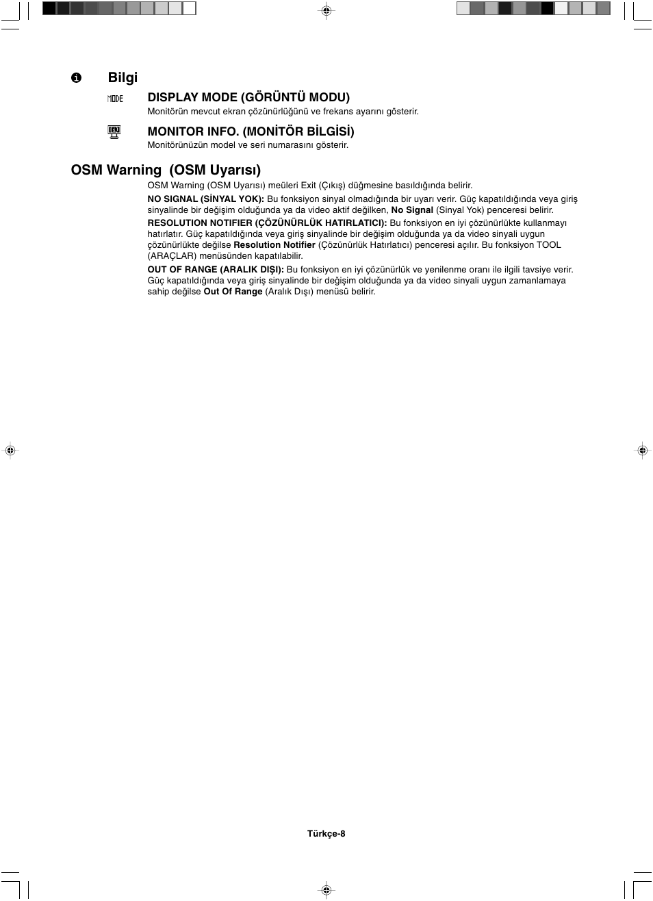 Bilgi, Osm warning (osm uyar∂s∂), Display mode (görüntü modu) | Monitor info. (mon∑tör b∑lg∑s∑) | NEC LCD1501 User Manual | Page 114 / 118