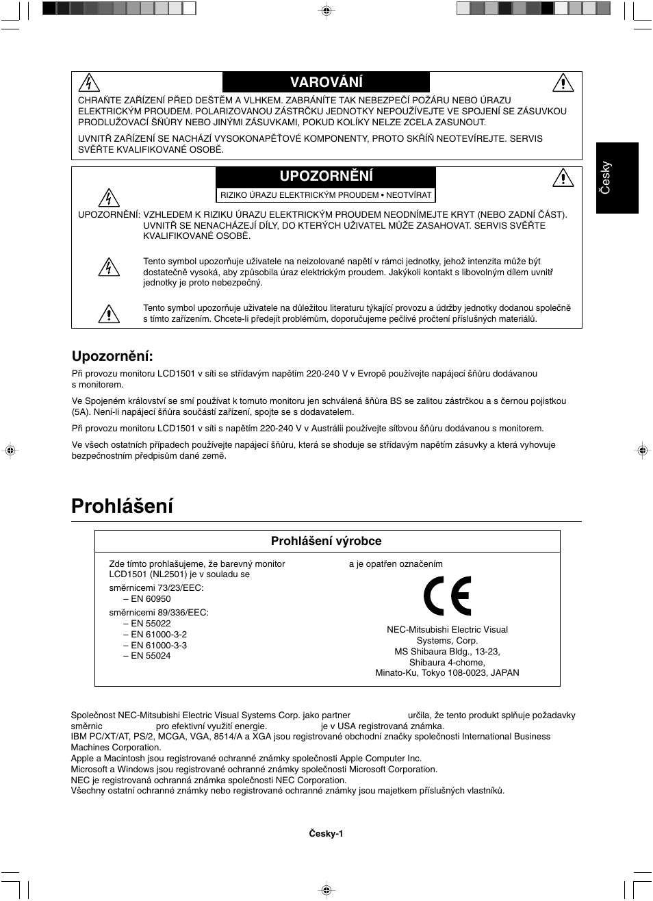 Prohlá‰ení, Upozornûní, Varování | Upozornùní, Âesky, Prohlá‰ení v˘robce | NEC LCD1501 User Manual | Page 17 / 118