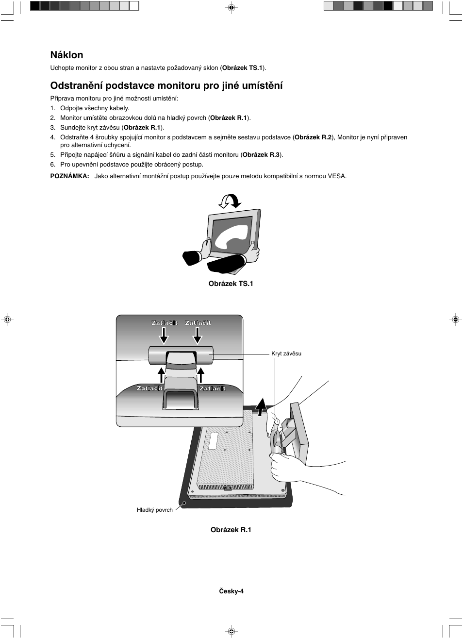 Náklon, Odstranûní podstavce monitoru pro jiné umístûní | NEC LCD1501 User Manual | Page 20 / 118