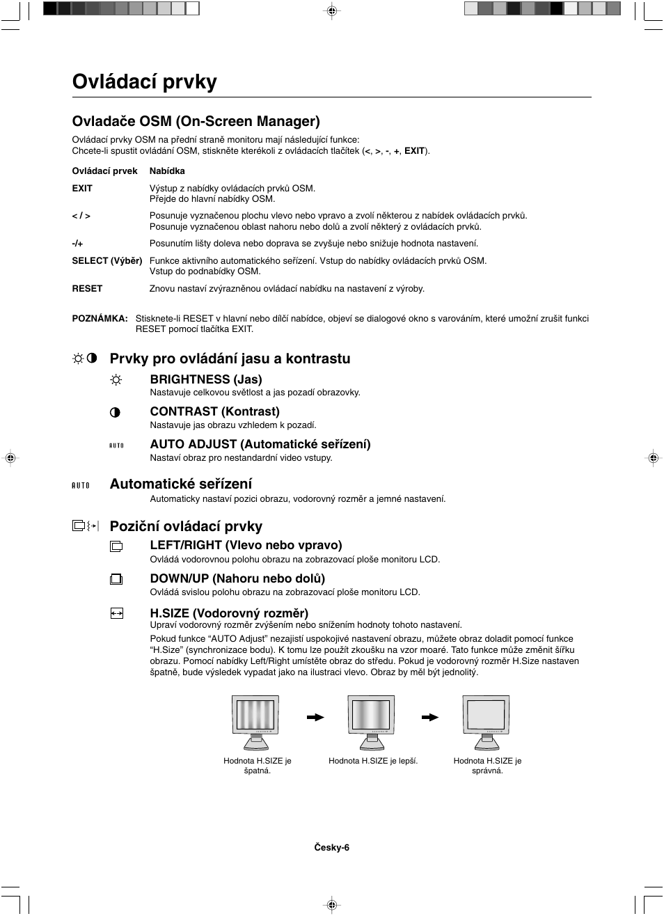 Ovládací prvky, Ovladaãe osm (on-screen manager), Prvky pro ovládání jasu a kontrastu | Automatické seﬁízení, Poziãní ovládací prvky | NEC LCD1501 User Manual | Page 22 / 118