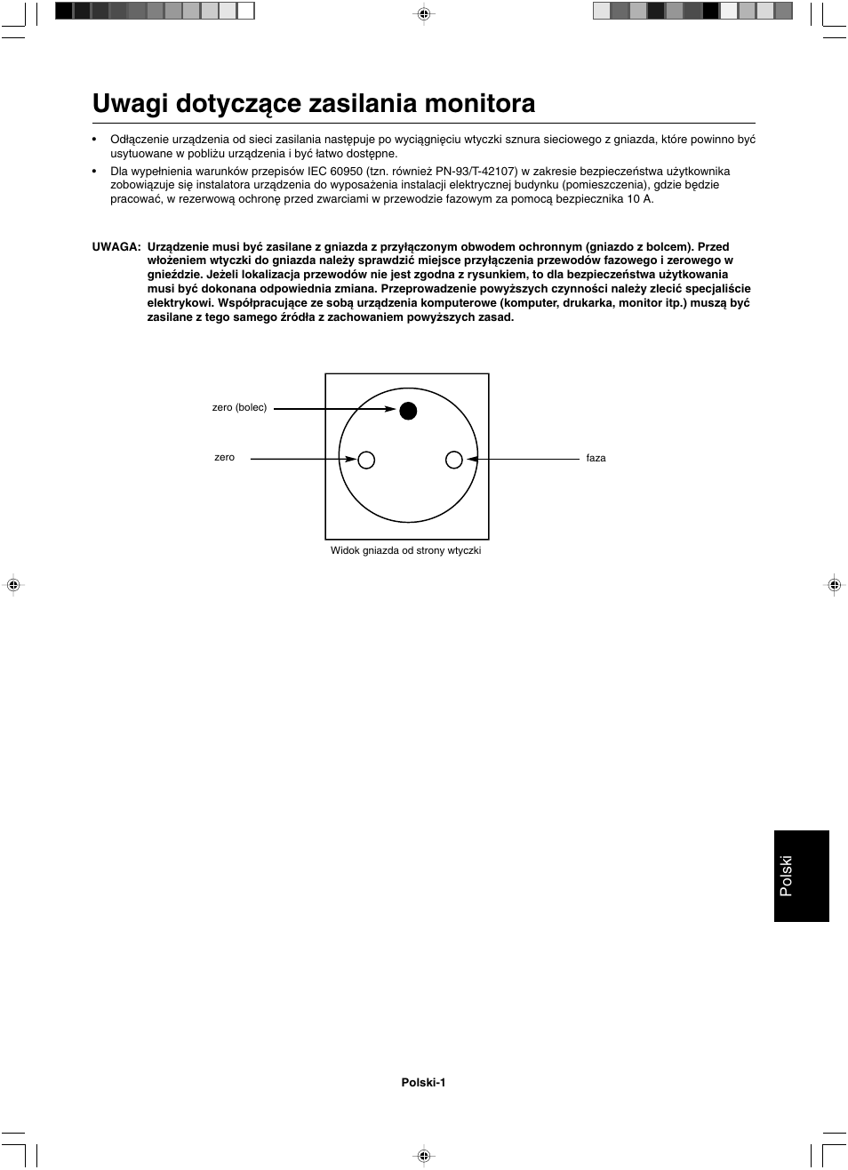Uwagi dotyczàce zasilania monitora, Polski | NEC LCD1501 User Manual | Page 87 / 118