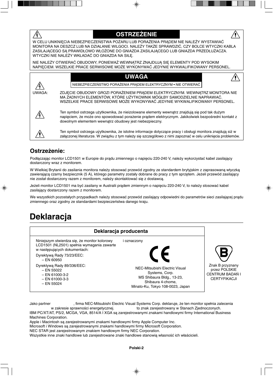 Deklaracja, Ostrze˝enie, Ostrze˚enie | Uwaga, Deklaracja producenta | NEC LCD1501 User Manual | Page 88 / 118