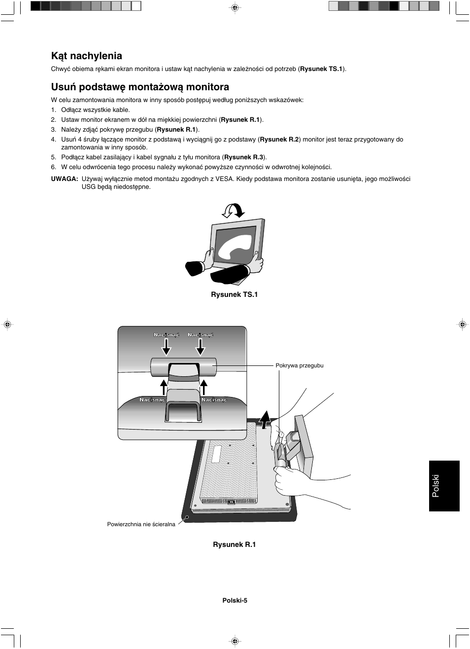 Kàt nachylenia, Usuƒ podstaw´ monta˝owà monitora, Polski | NEC LCD1501 User Manual | Page 91 / 118