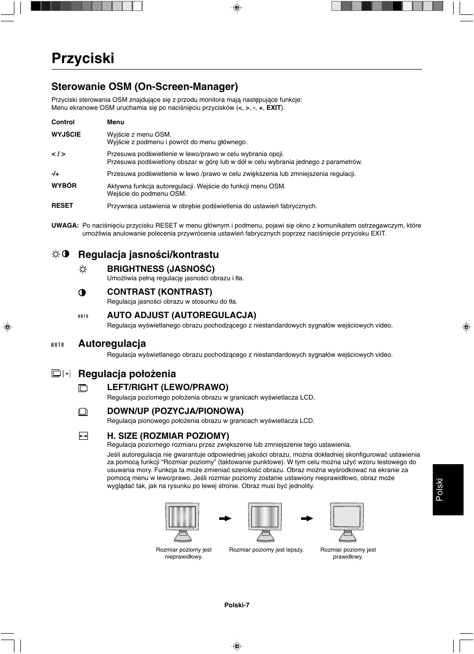 Przyciski, Sterowanie osm (on-screen-manager), Regulacja jasnoêci/kontrastu | Autoregulacja, Regulacja po∏o˝enia | NEC LCD1501 User Manual | Page 93 / 118