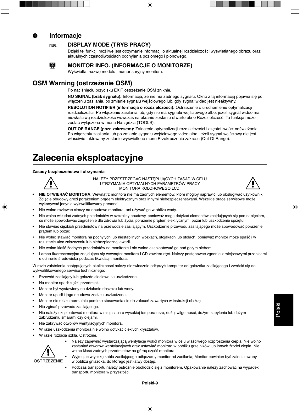 Zalecenia eksploatacyjne, Informacje, Osm warning (ostrze˝enie osm) | Polski, Display mode (tryb pracy), Monitor info. (informacje o monitorze) | NEC LCD1501 User Manual | Page 95 / 118