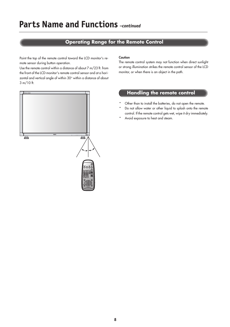 Parts name and functions, Operating range for the remote control, Continued | Handling the remote control | NEC LCD4000 User Manual | Page 10 / 38