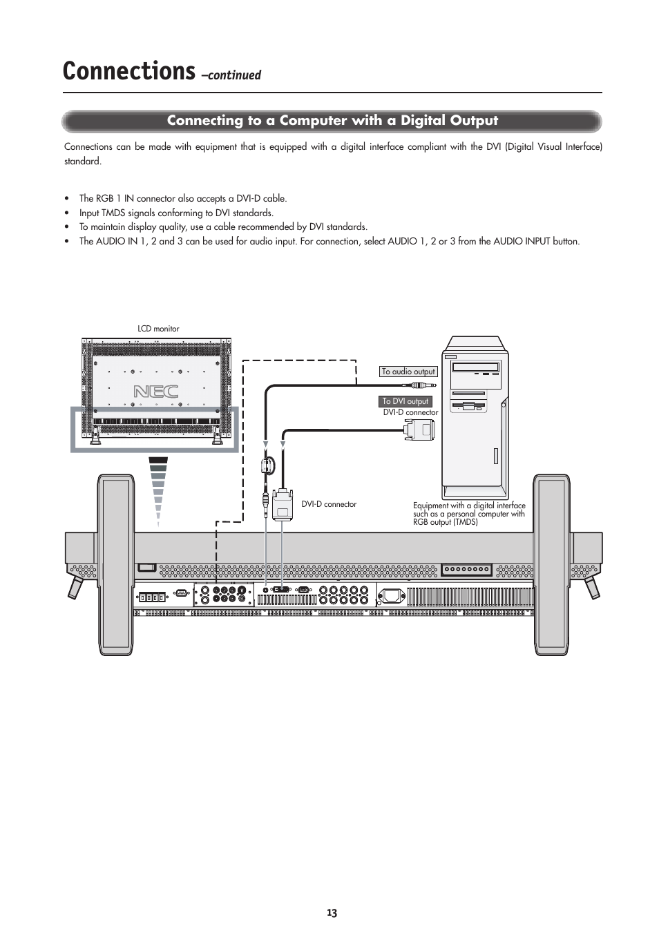 Connections, Connecting to a computer with a digital output, Continued | NEC LCD4000 User Manual | Page 15 / 38