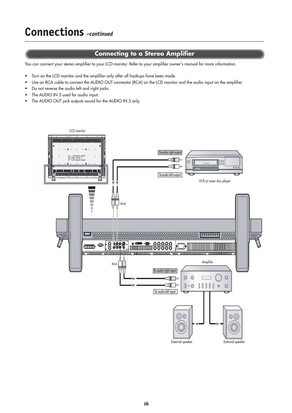 Connections, Connecting to a stereo amplifier, Continued | NEC LCD4000 User Manual | Page 18 / 38