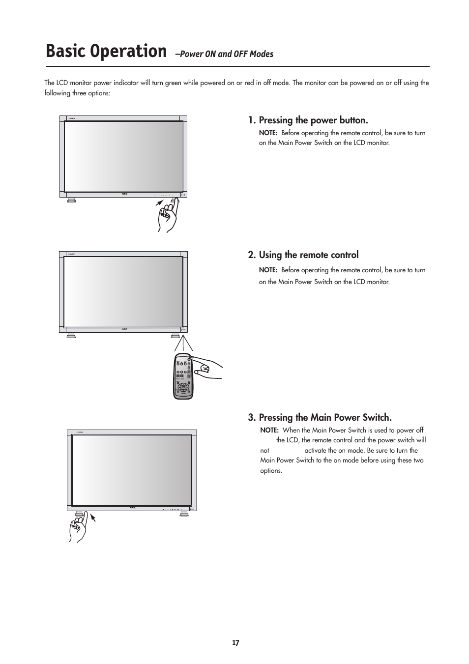 Basic operation, Using the remote control, Pressing the main power switch | NEC LCD4000 User Manual | Page 19 / 38