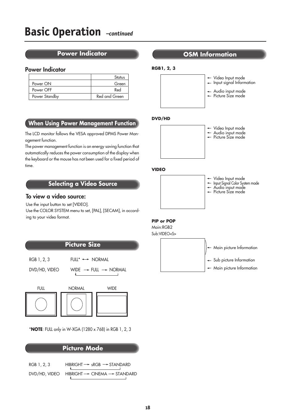 Basic operation, Picture size picture mode osm information | NEC LCD4000 User Manual | Page 20 / 38