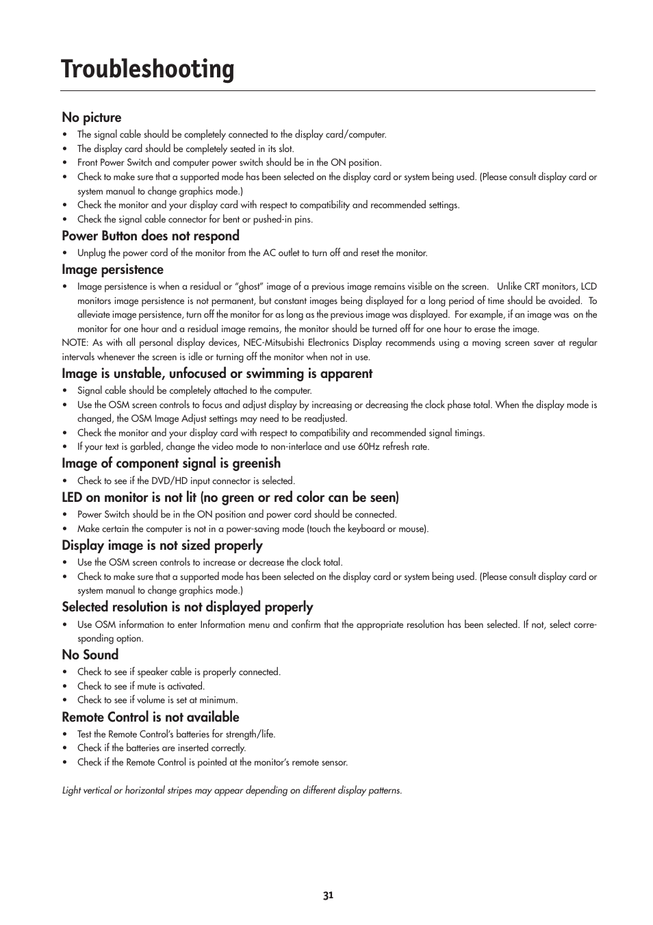 Troubleshooting | NEC LCD4000 User Manual | Page 33 / 38