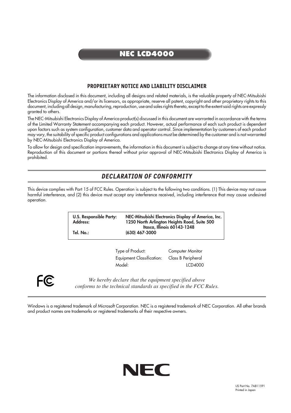 Declaration of conformity, Nec lcd4000, Proprietary notice and liability disclaimer | NEC LCD4000 User Manual | Page 38 / 38