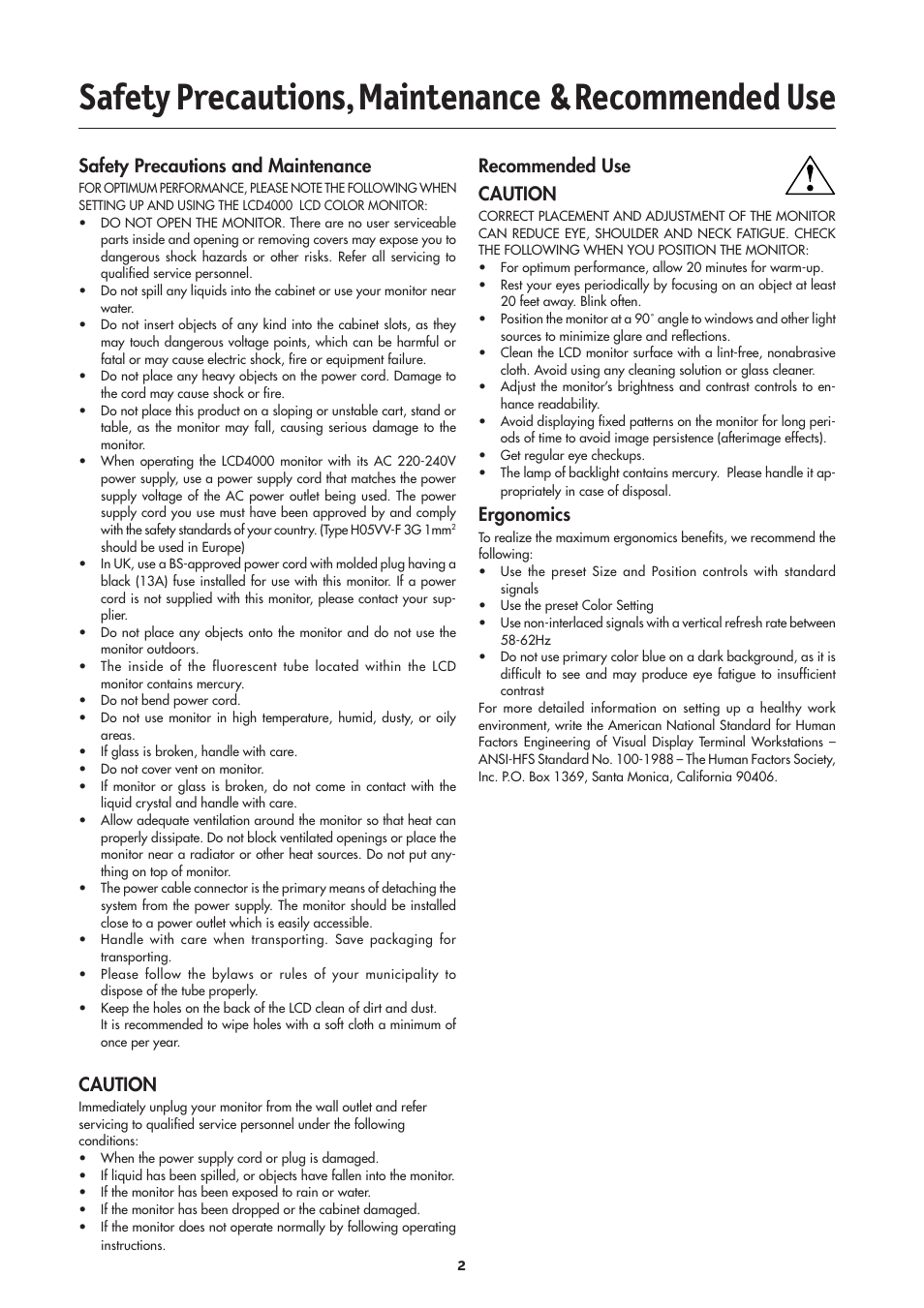 Safety precautions, maintenance & recommended use, Recommended use caution, Ergonomics | Safety precautions and maintenance, Caution | NEC LCD4000 User Manual | Page 4 / 38