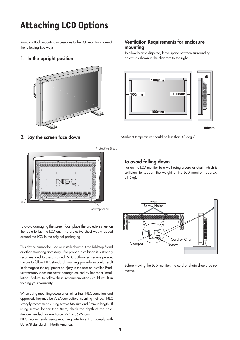 Attaching lcd options | NEC LCD4000 User Manual | Page 6 / 38