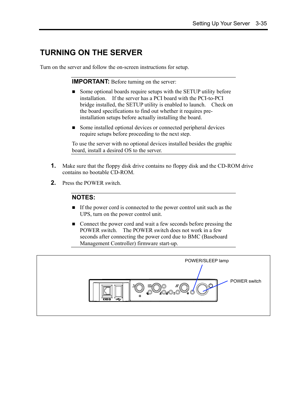Turning on the server | NEC Server 140Rc-4 User Manual | Page 107 / 400