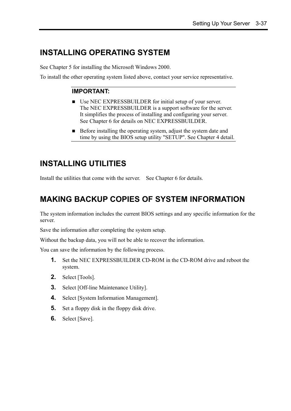 Installing operating system, Installing utilities, Making backup copies of system information | NEC Server 140Rc-4 User Manual | Page 109 / 400