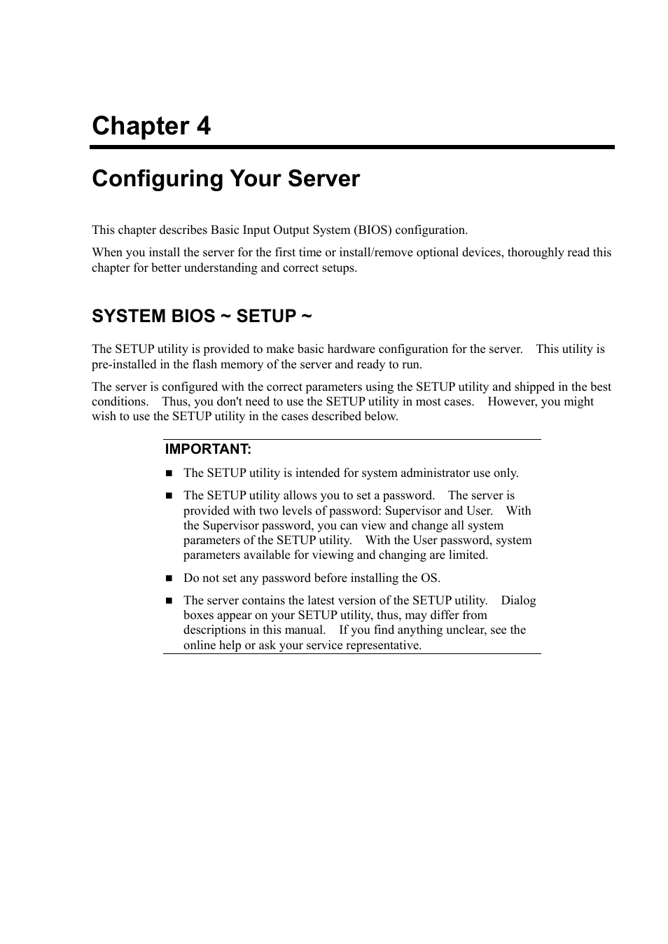 Ug_140rc4_2.pdf, Configuring your server, System bios ~ setup | Chapter 4 | NEC Server 140Rc-4 User Manual | Page 111 / 400