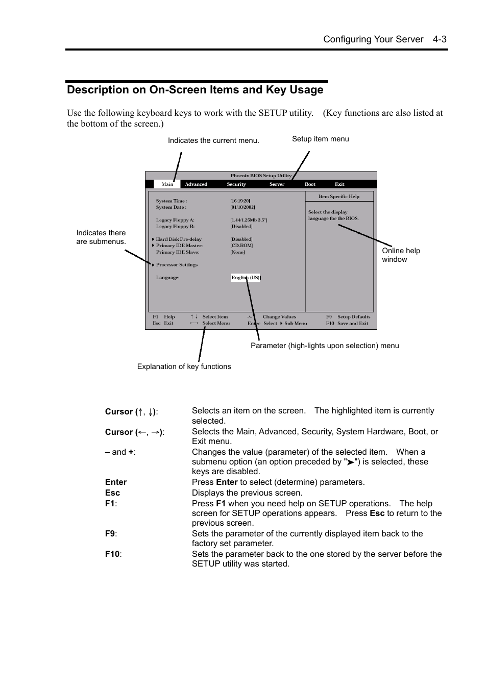 Description on on-screen items and key usage | NEC Server 140Rc-4 User Manual | Page 113 / 400