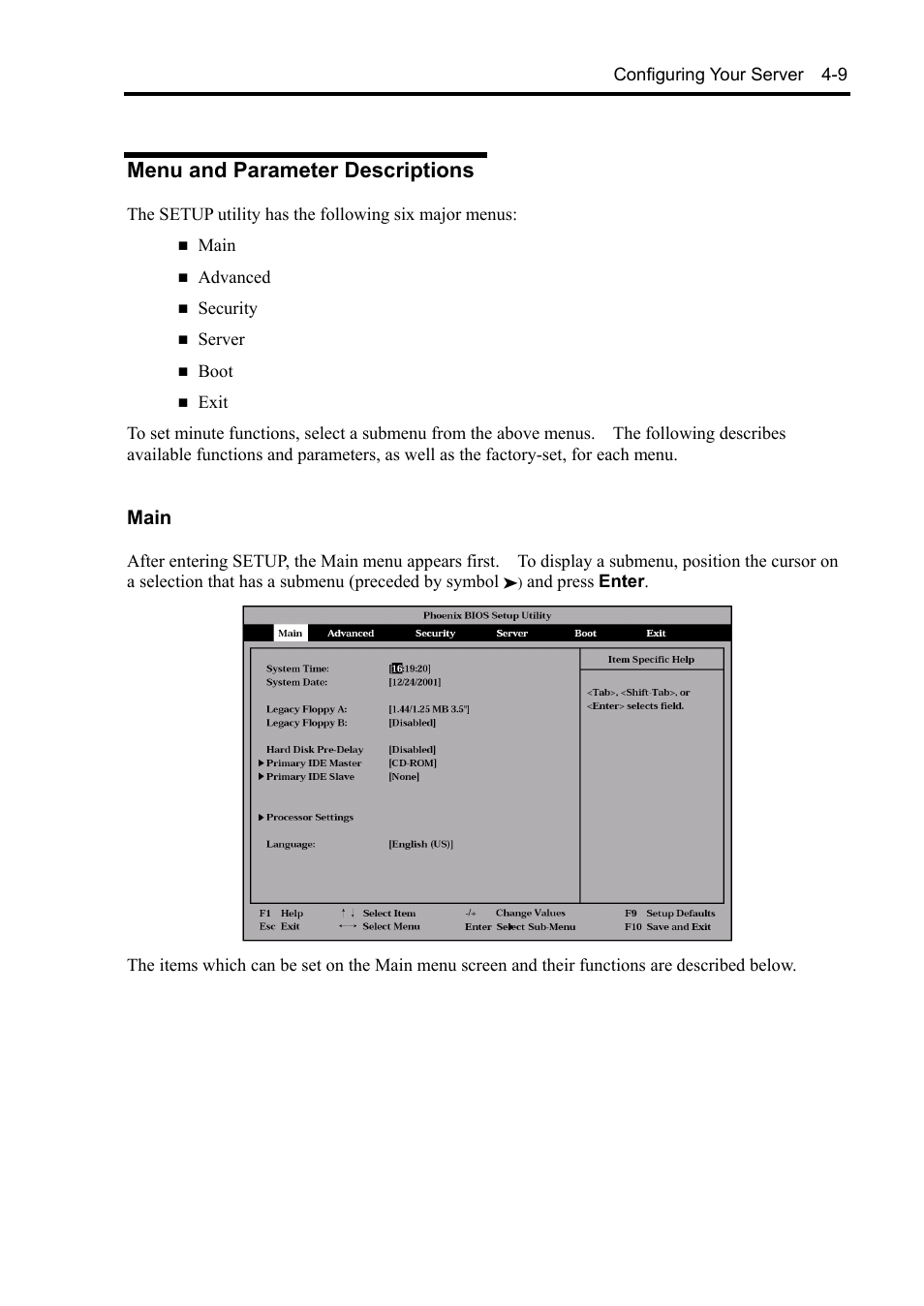 Menu and parameter descriptions, Main | NEC Server 140Rc-4 User Manual | Page 119 / 400