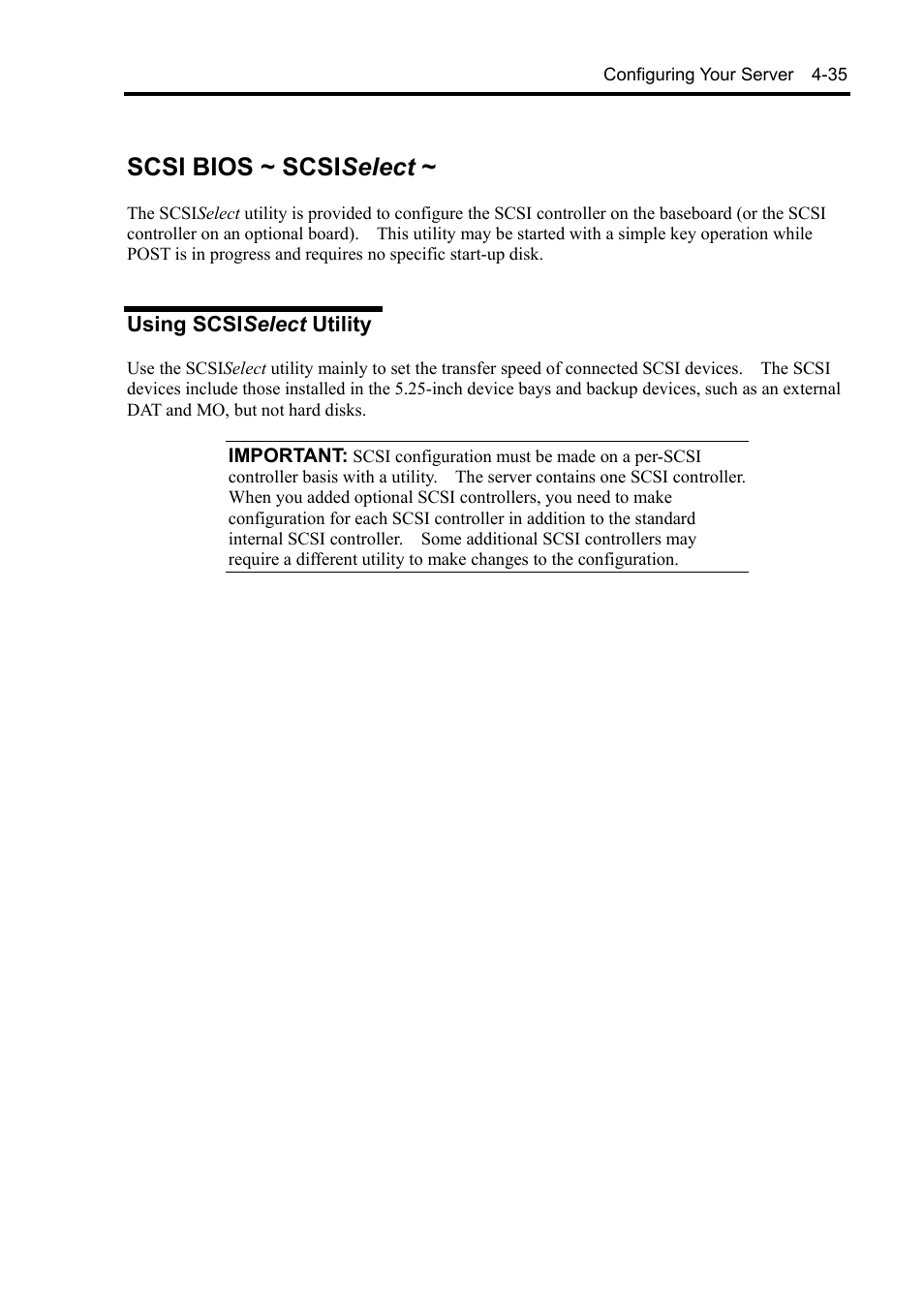 Scsi bios ~ scsiselect, Using scsiselect utility, Scsi bios ~ scsi select | NEC Server 140Rc-4 User Manual | Page 145 / 400