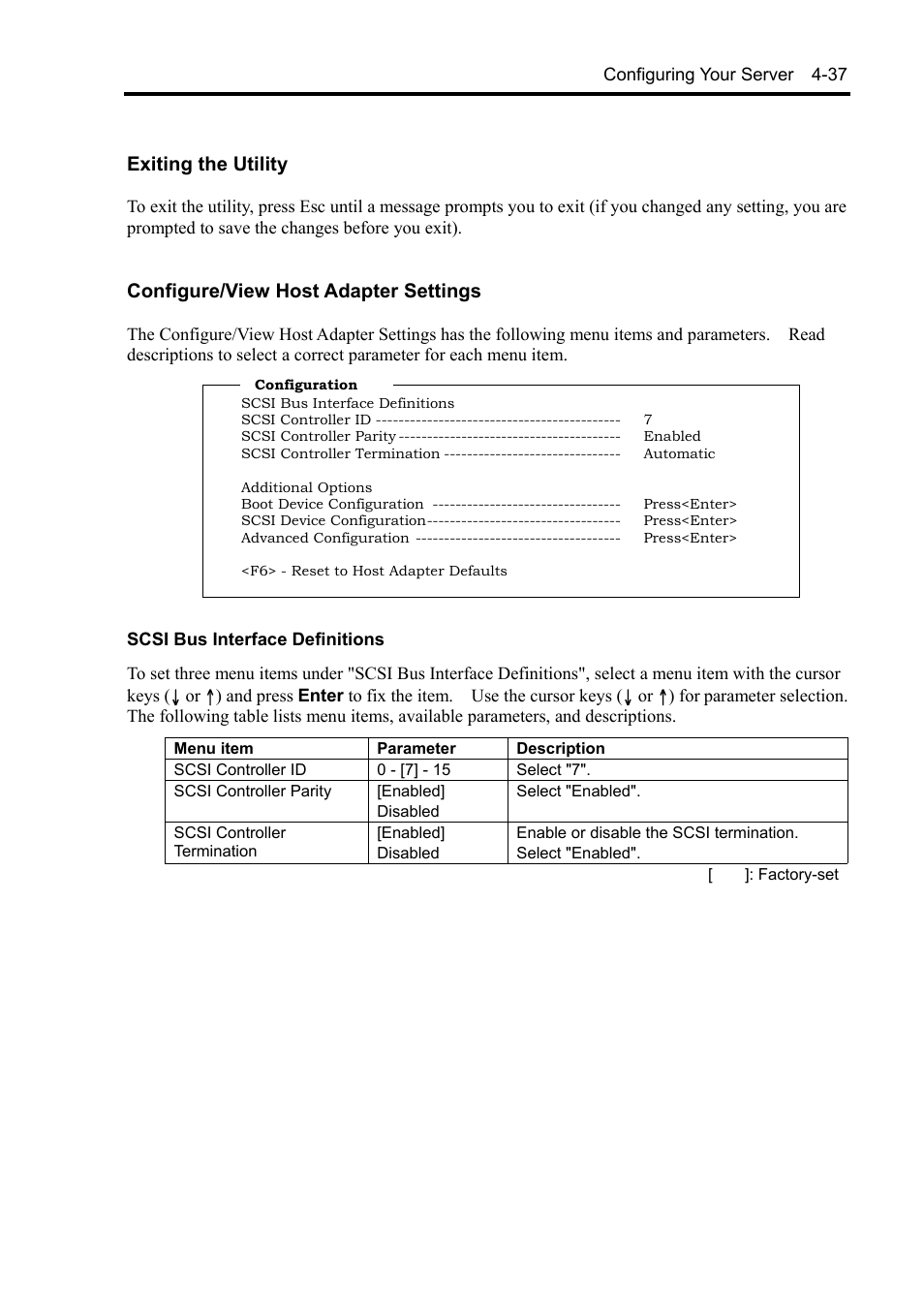 Exiting the utility, Configure/view host adapter settings | NEC Server 140Rc-4 User Manual | Page 147 / 400