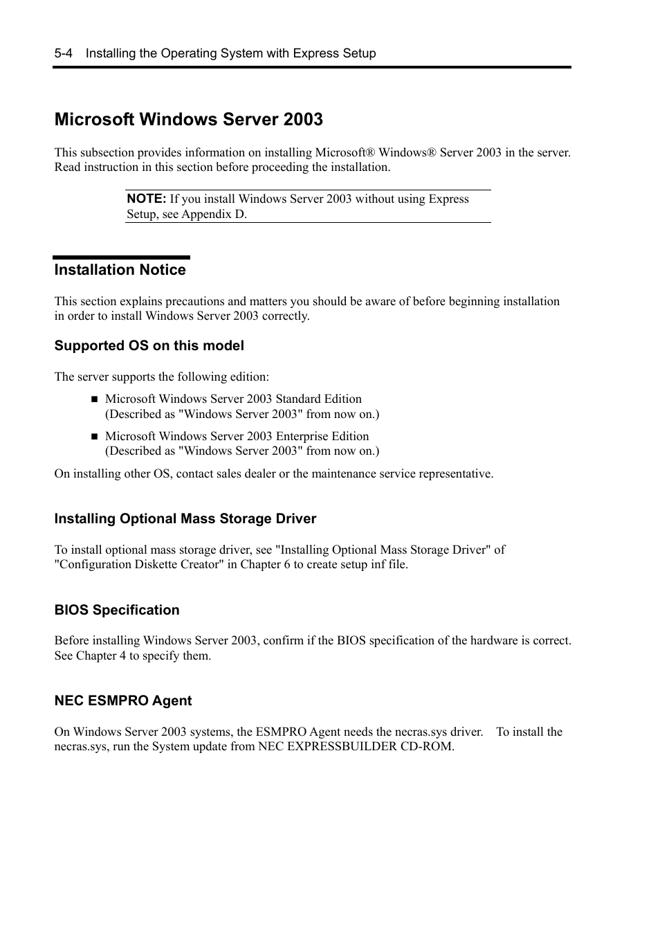 Microsoft windows server 2003, Installation notice | NEC Server 140Rc-4 User Manual | Page 160 / 400