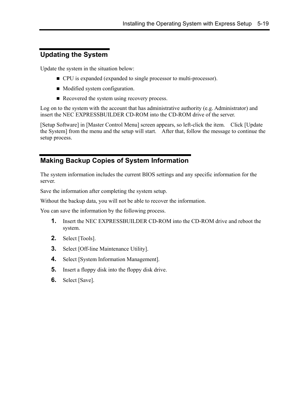 Updating the system, Making backup copies of system information | NEC Server 140Rc-4 User Manual | Page 175 / 400