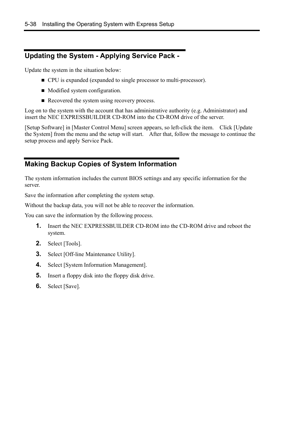 Updating the system - applying service pack, Making backup copies of system information | NEC Server 140Rc-4 User Manual | Page 194 / 400