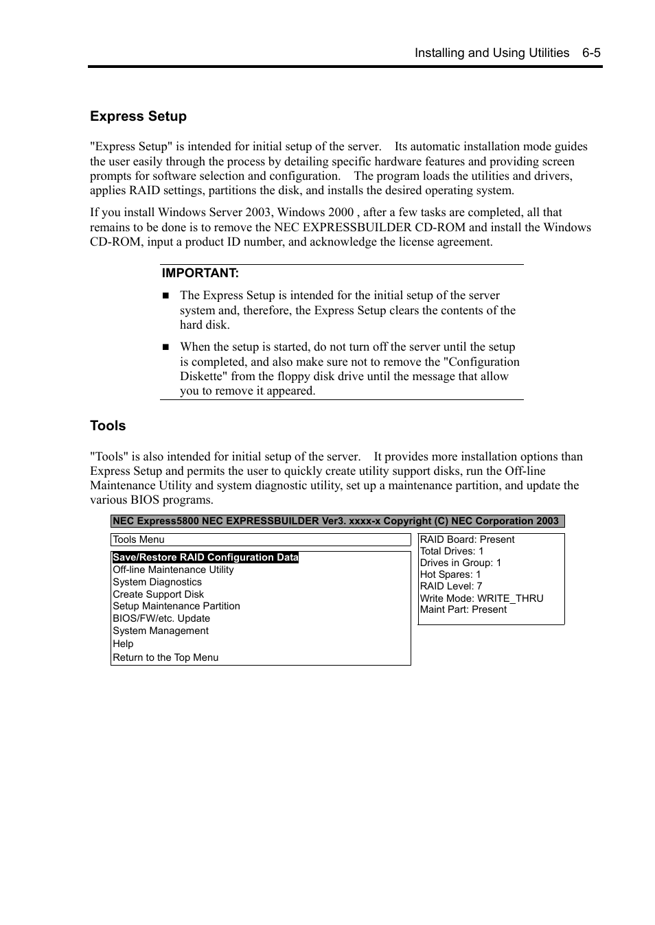 Express setup, Tools | NEC Server 140Rc-4 User Manual | Page 201 / 400