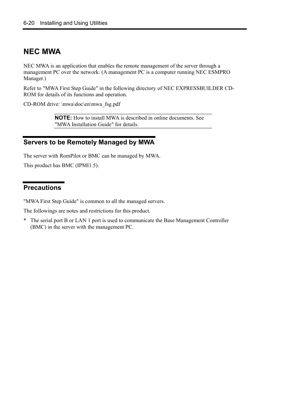 Nec mwa, Servers to be remotely managed by mwa, Precautions | NEC Server 140Rc-4 User Manual | Page 216 / 400