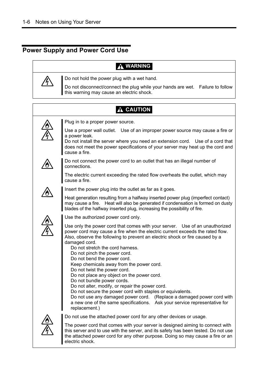 Power supply and power cord use, Caution | NEC Server 140Rc-4 User Manual | Page 22 / 400