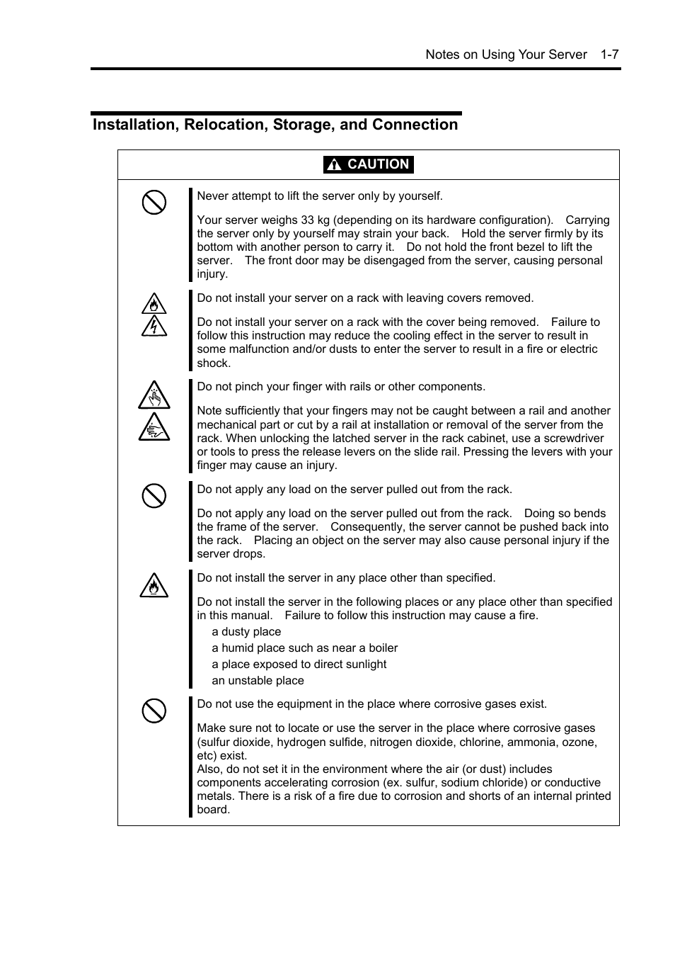 Installation, relocation, storage, and connection, Caution | NEC Server 140Rc-4 User Manual | Page 23 / 400