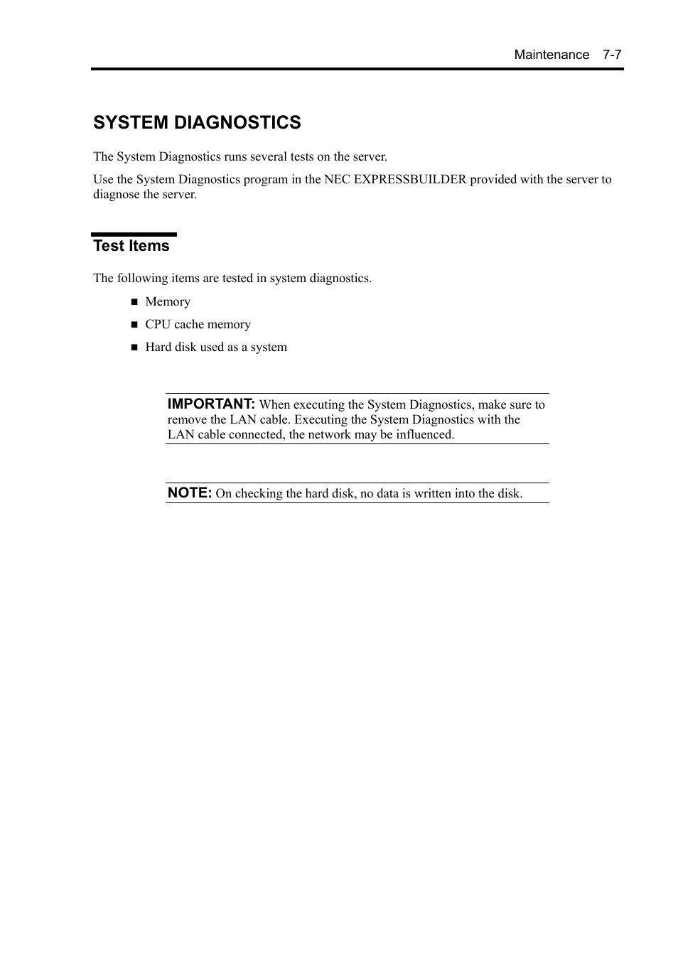 System diagnostics, Test items | NEC Server 140Rc-4 User Manual | Page 233 / 400