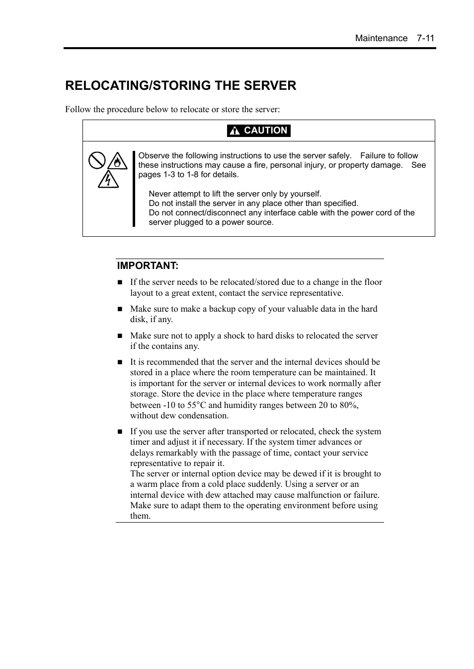 Relocating/storing the server, Important, Caution | NEC Server 140Rc-4 User Manual | Page 237 / 400