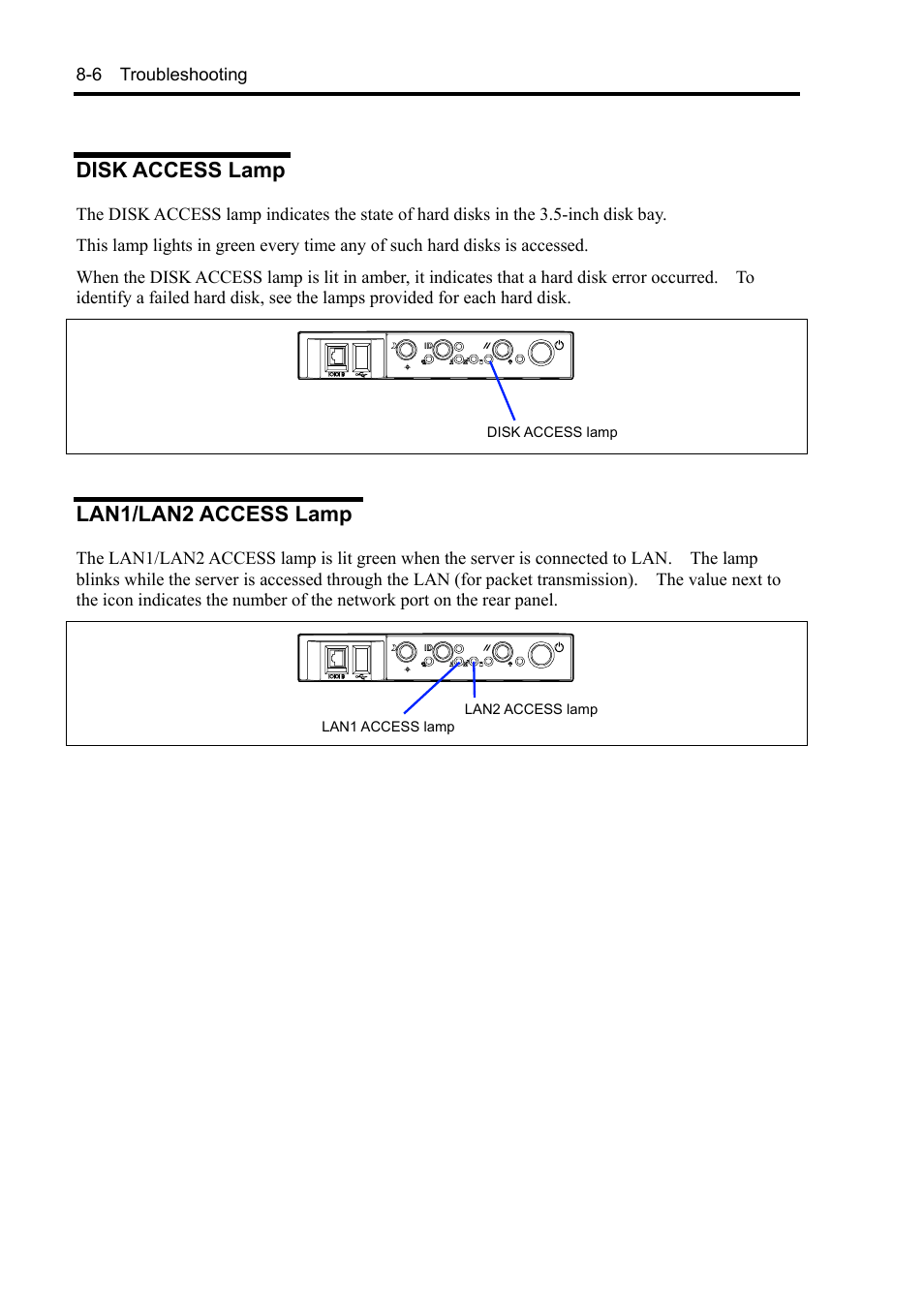 Disk access lamp, Lan1/lan2 access lamp | NEC Server 140Rc-4 User Manual | Page 244 / 400