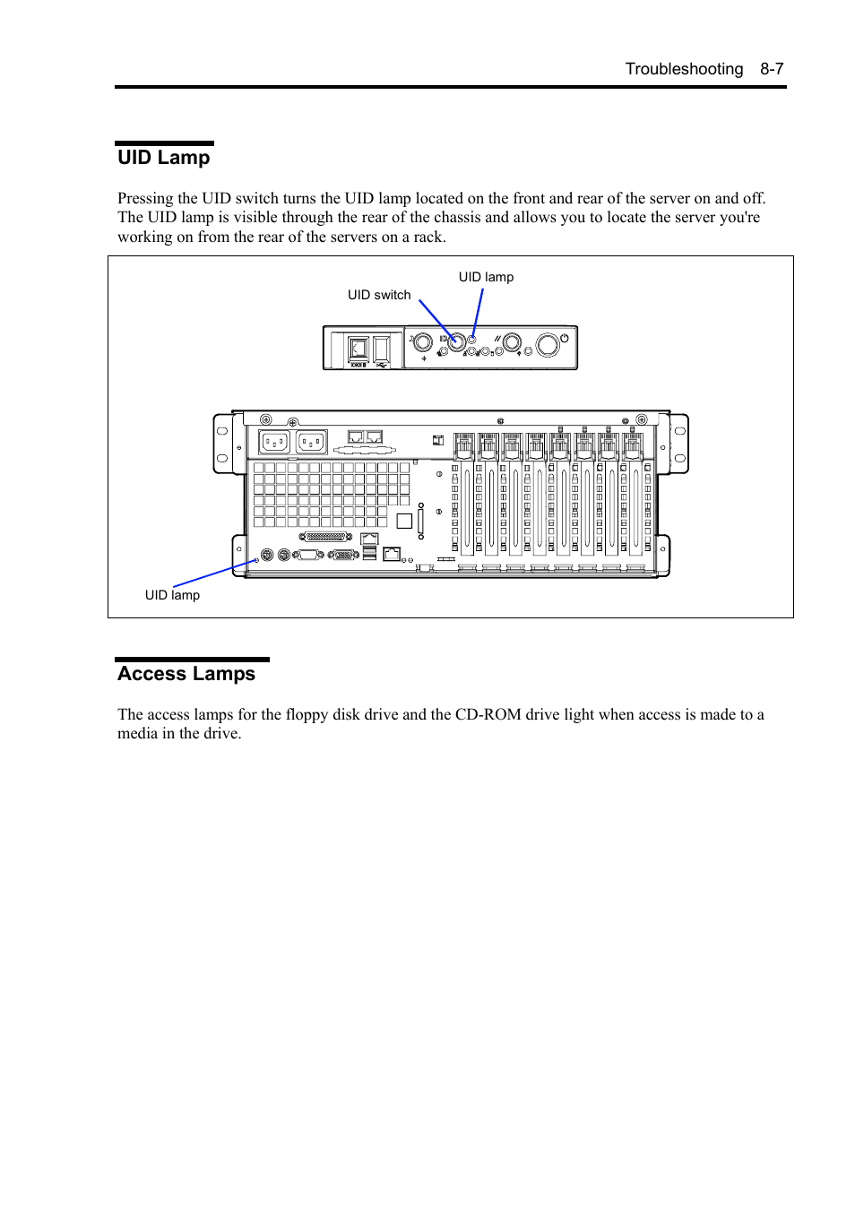 Uid lamp, Access lamps | NEC Server 140Rc-4 User Manual | Page 245 / 400