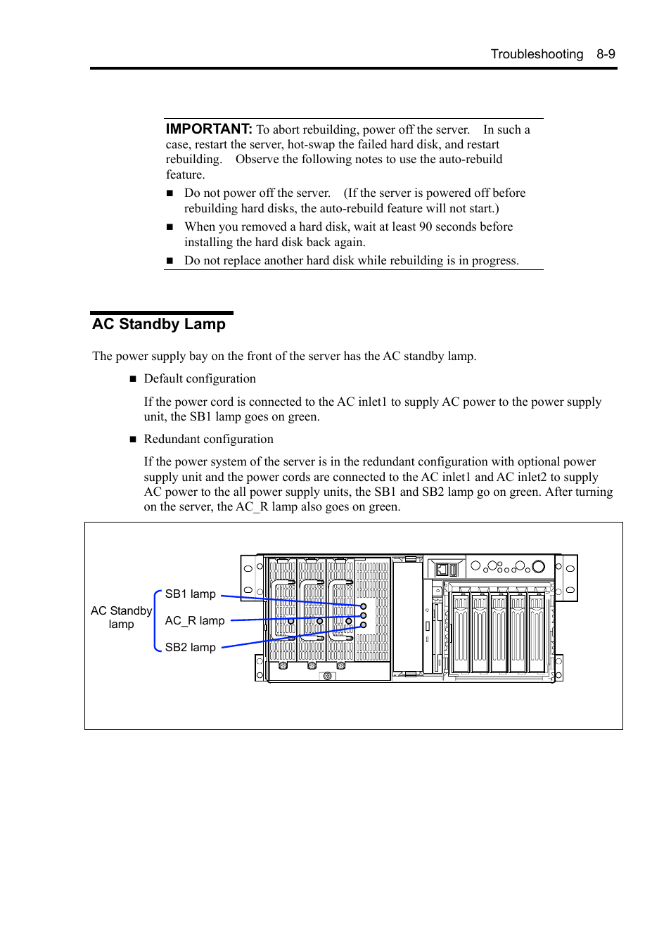 Ac standby lamp, Important | NEC Server 140Rc-4 User Manual | Page 247 / 400