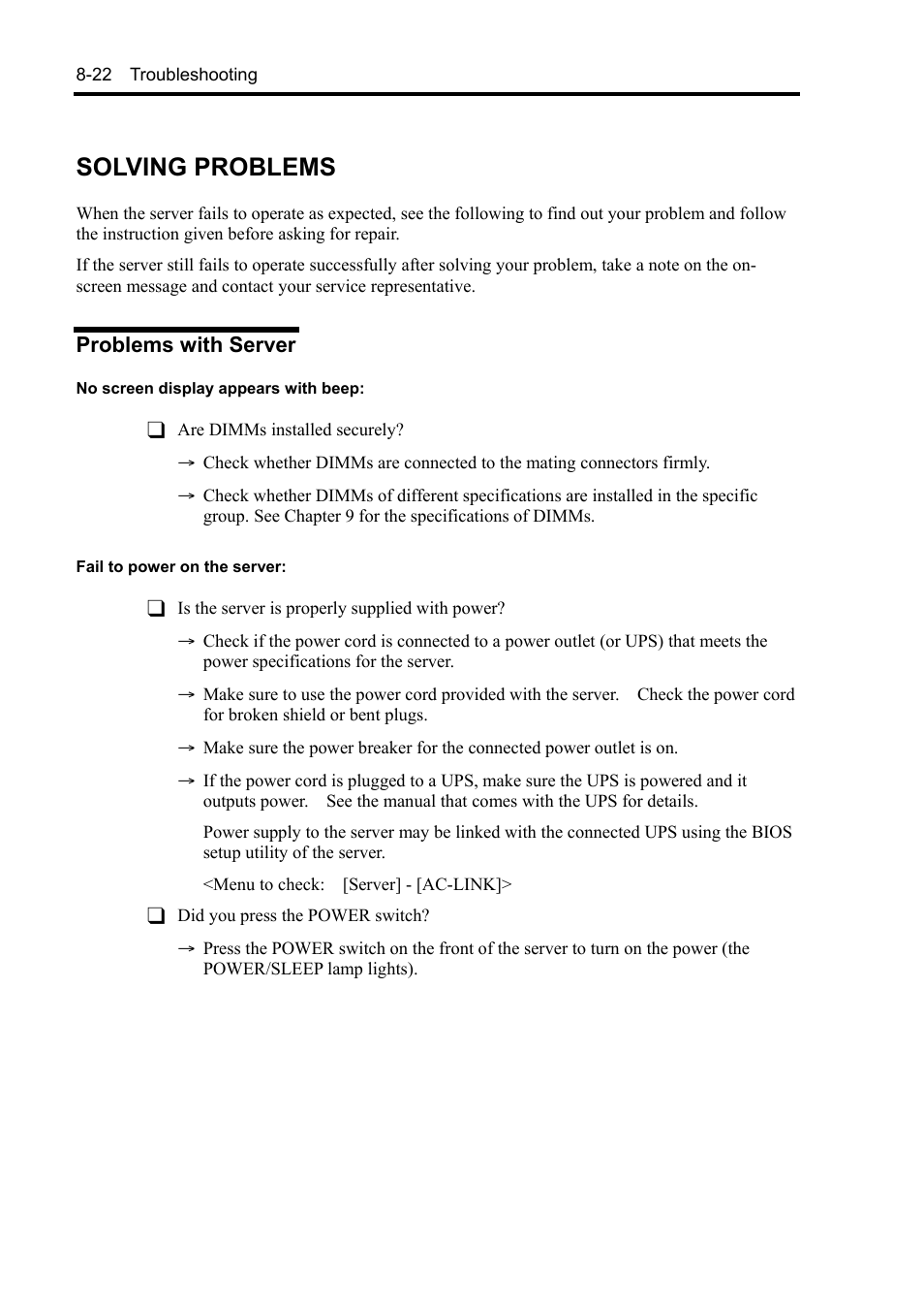 Solving problems, Problems with server | NEC Server 140Rc-4 User Manual | Page 260 / 400