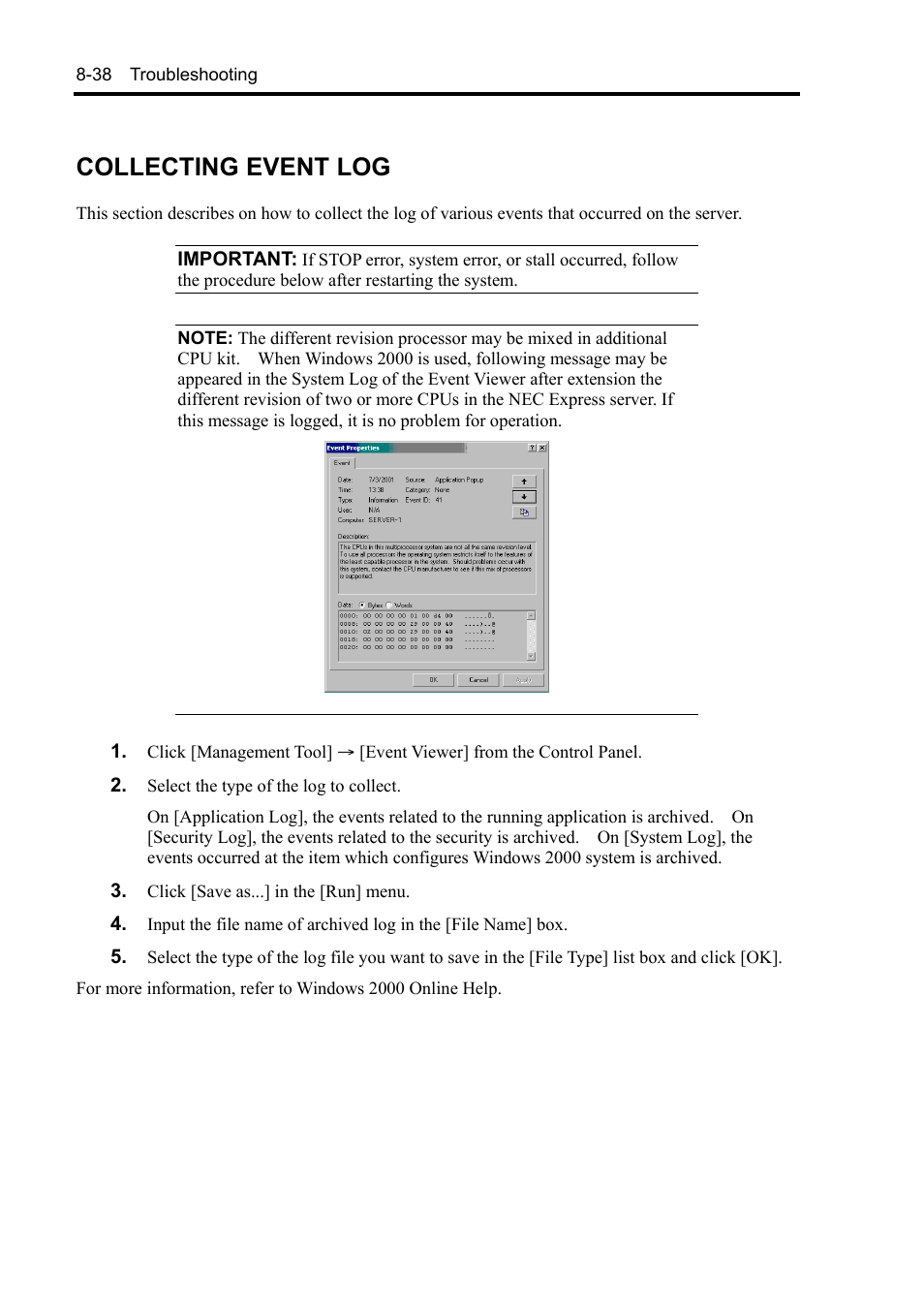 Collecting event log | NEC Server 140Rc-4 User Manual | Page 276 / 400
