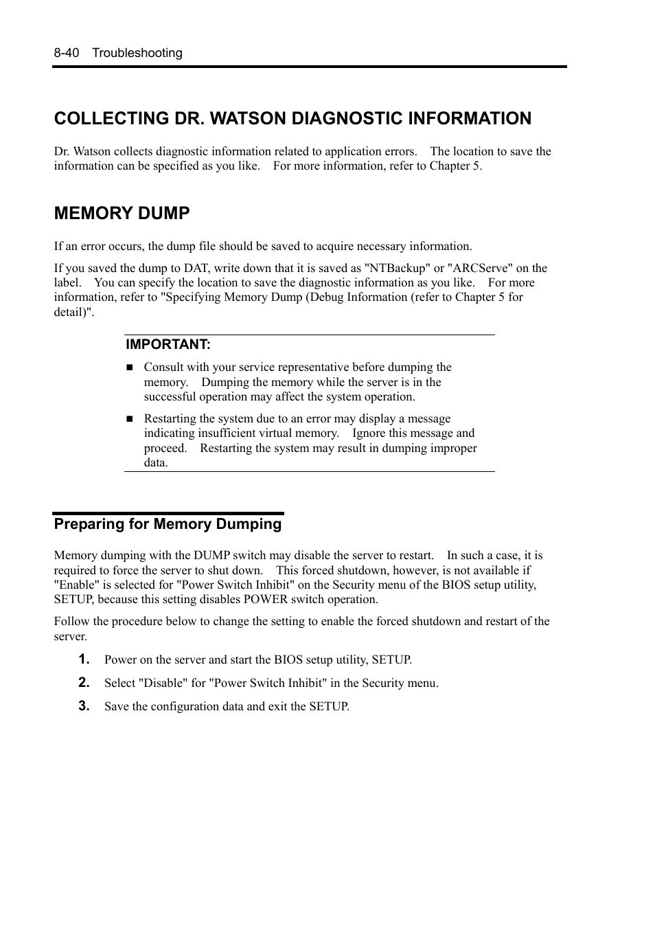 Collecting dr. watson diagnostic information, Memory dump, Preparing for memory dumping | NEC Server 140Rc-4 User Manual | Page 278 / 400