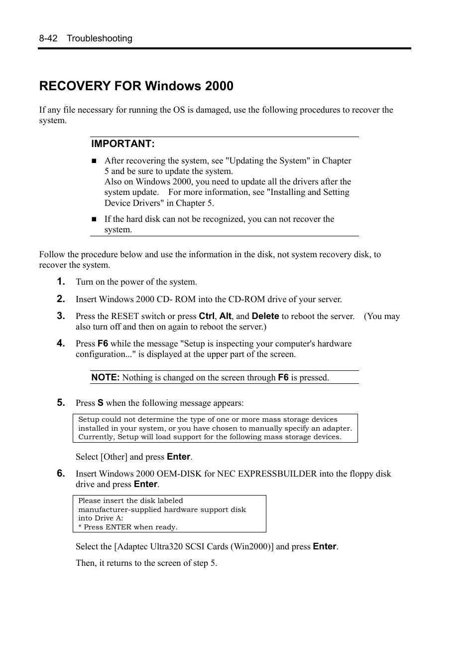 Recovery for windows 2000 | NEC Server 140Rc-4 User Manual | Page 280 / 400