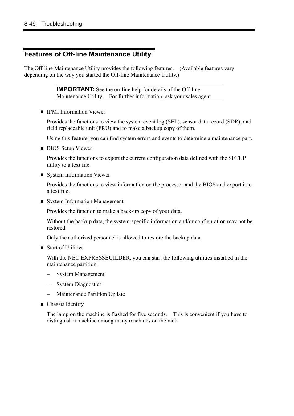 Features of off-line maintenance utility | NEC Server 140Rc-4 User Manual | Page 284 / 400