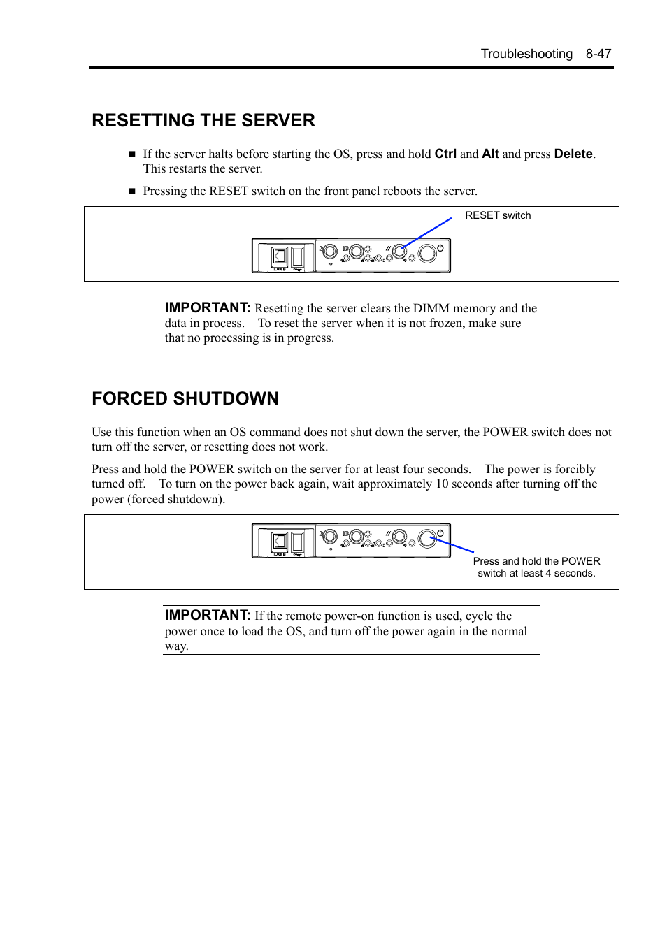 Resetting the server, Forced shutdown | NEC Server 140Rc-4 User Manual | Page 285 / 400