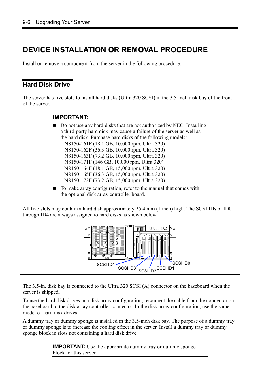 Device installation or removal procedure, Hard disk drive | NEC Server 140Rc-4 User Manual | Page 292 / 400