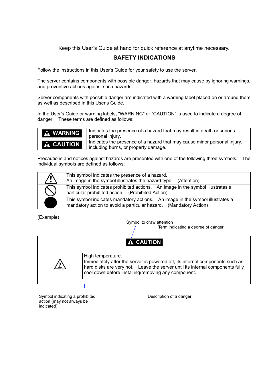 Safety indications, Caution | NEC Server 140Rc-4 User Manual | Page 3 / 400